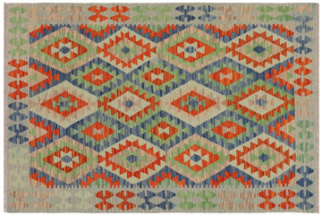 Flat Weave Kilim, Antique, Navaho, Vintage, Handmade, Geometric Kilim Blue Rust Hand-Woven Rectangle 100% Wool Area Rug 4 x 6